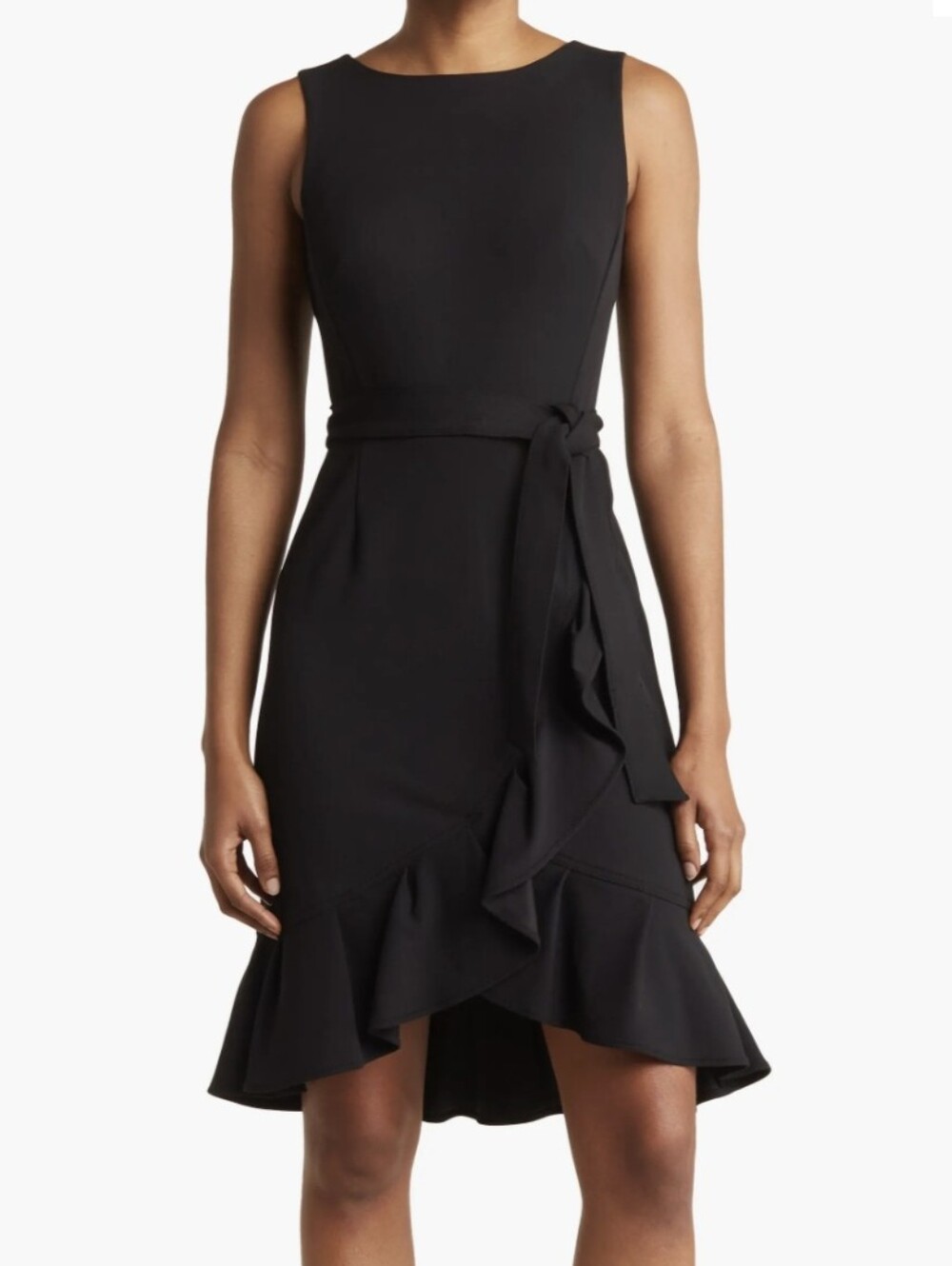 Calvin Klein Black Sleeveless Ruffle-Hem Dress with Waist Tie Gold Zipper Sz 14
